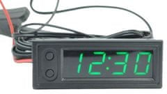 HADEX Teplomer, hodiny, voltmeter panelový 3v1, 12V, zelený, 1 tepl. čidlo
