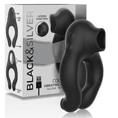 BLACK&SILVER Čierny a strieborný krúžok na penis Vibe/Licking, krúžok s orálnym simulátorom