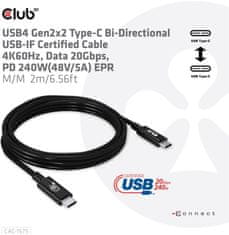 Club 3D kábel USB-C, Data 20Gbps, PD 240W(48V/5A) EPR, M/M, 2m