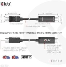Club 3D kábel DP 1.4 na HDMI, 4K120Hz nebo 8K60Hz HDR10, M/M, 3m