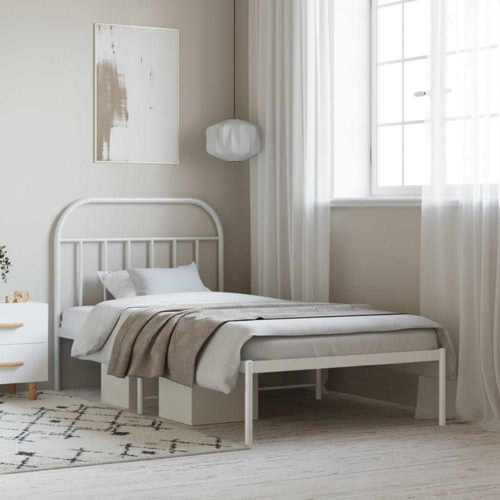 Vidaxl Kovový rám postele s čelom biely 107x203 cm