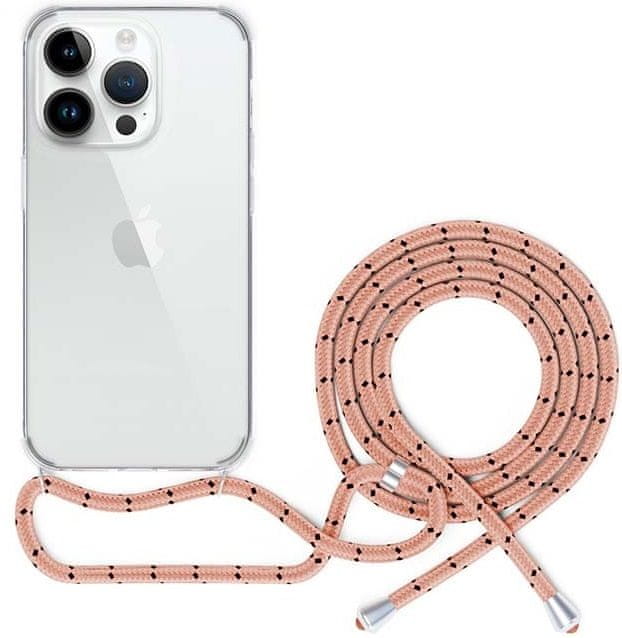 Spello Ochranný kryt so šnúrkou Crossbody iPhone 15, transparentná/ružová šnúrka