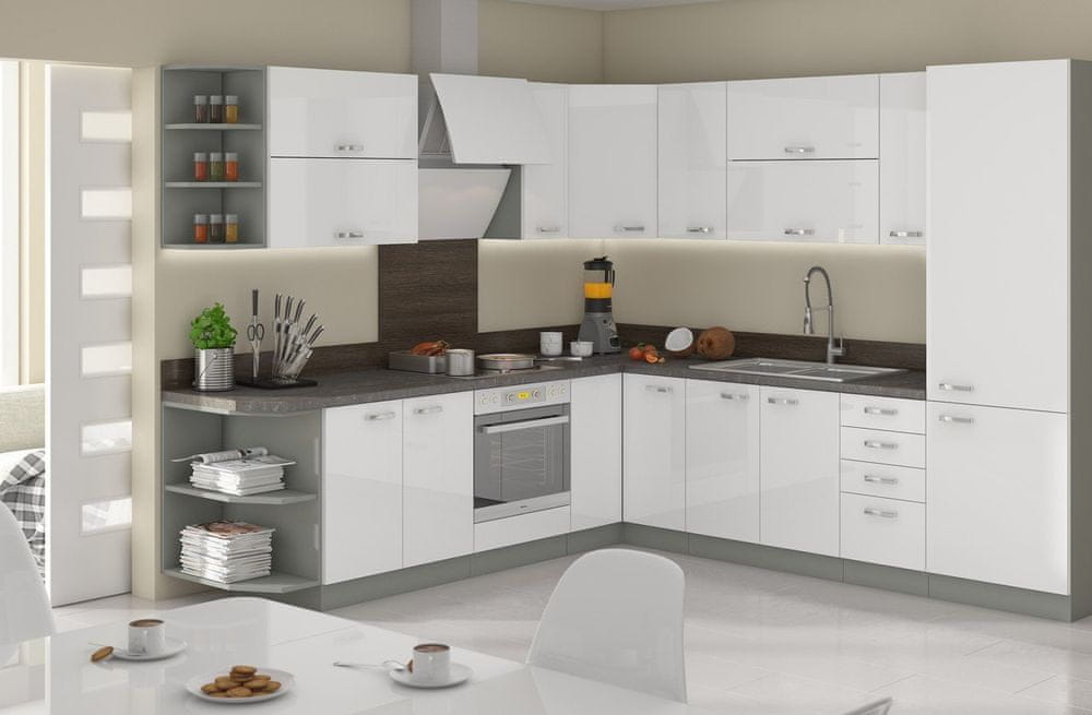 Veneti Rohová kuchyňa 263/253 cm GENJI 1 - lesklá biela / šedá + LED, drez, príborník a pracovná doska ZDARMA