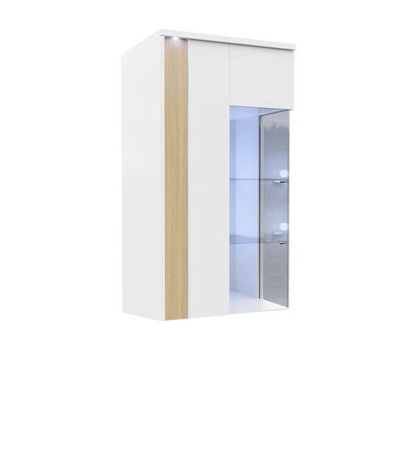 Veneti Závesná vitrína s LED osvetlením BANTRY 3 - biela / lesklá biela / prírodná dyha, ľavá