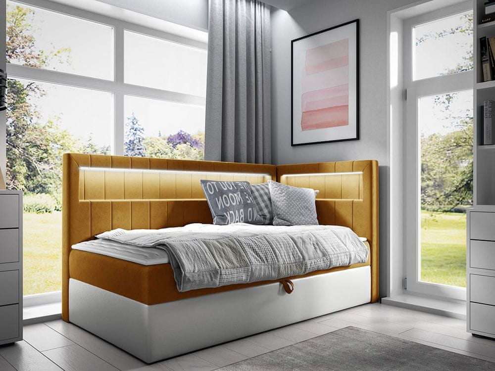 Veneti Kontinentálna jednolôžková posteľ 90x200 RAMIRA 3 - biela ekokoža / žltá, pravé prevedenie + topper ZDARMA