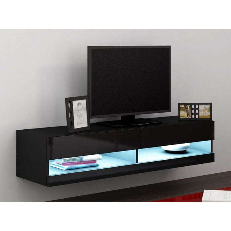 Veneti TV stolík s LED modrým osvetlením 140 cm ASHTON 1 - čierny / lesklý čierny
