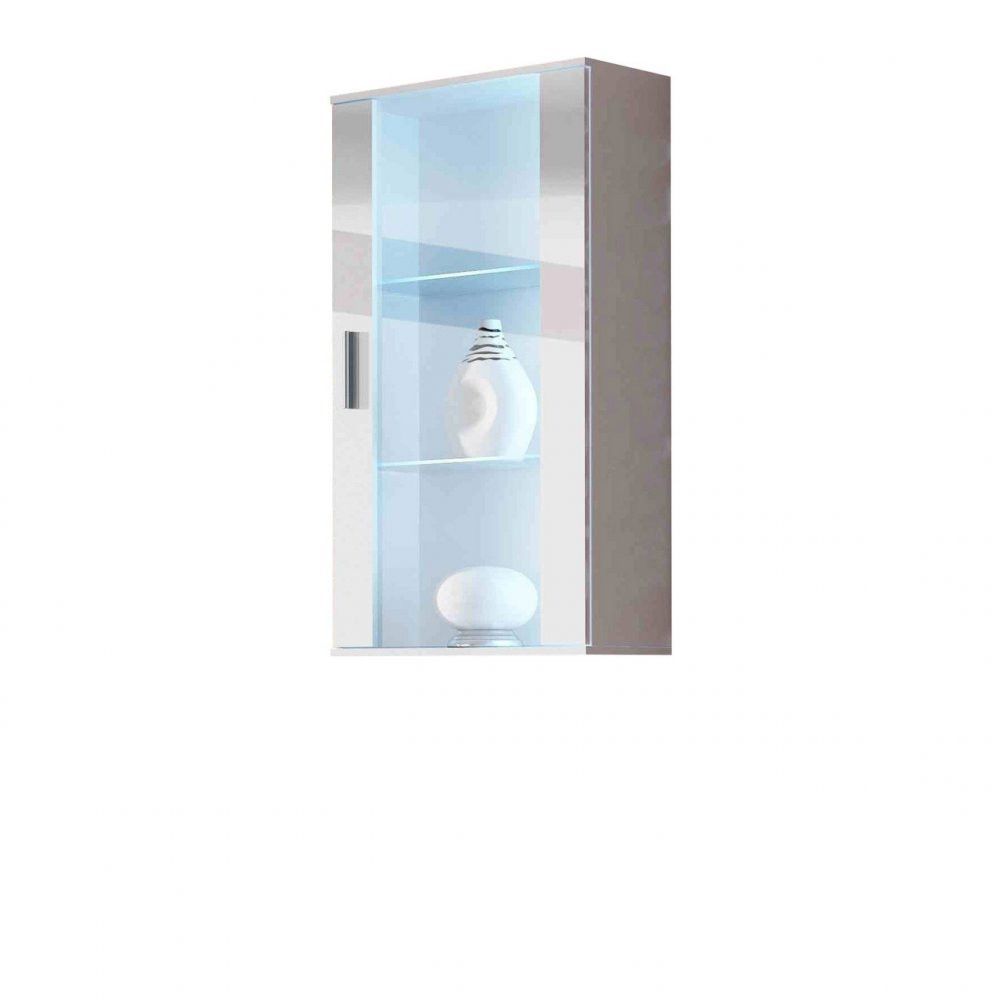 Veneti Závesná vitrína s LED modrým osvetlením KARA - biela / lesklá biela