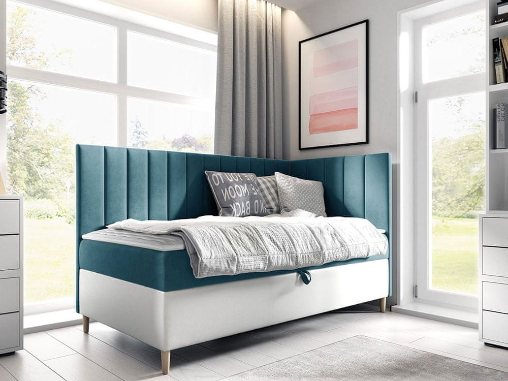 Veneti Boxspringová jednolôžková posteľ 80x200 ROCIO 3 - biela ekokoža / modrá 2, pravé prevedenie + topper ZDARMA