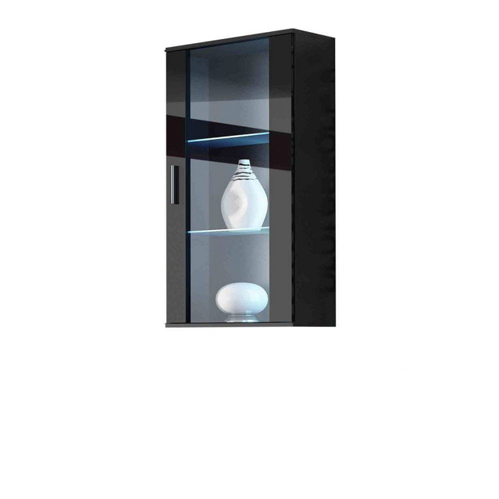 Veneti Závesná vitrína s LED modrým osvetlením KARA - čierna / lesklá čierna