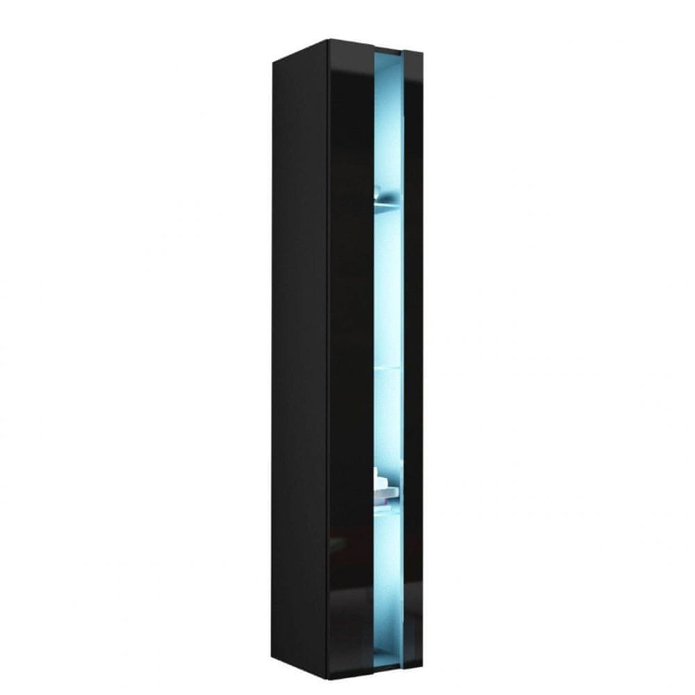 Veneti Závesná vitrína s LED modrým osvetlením ASHTON 2 - čierna / lesklá čierna