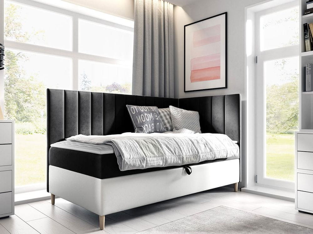 Veneti Boxspringová jednolôžková posteľ 90x200 ROCIO 3 - biela ekokoža / čierna, pravé prevedenie + topper ZDARMA
