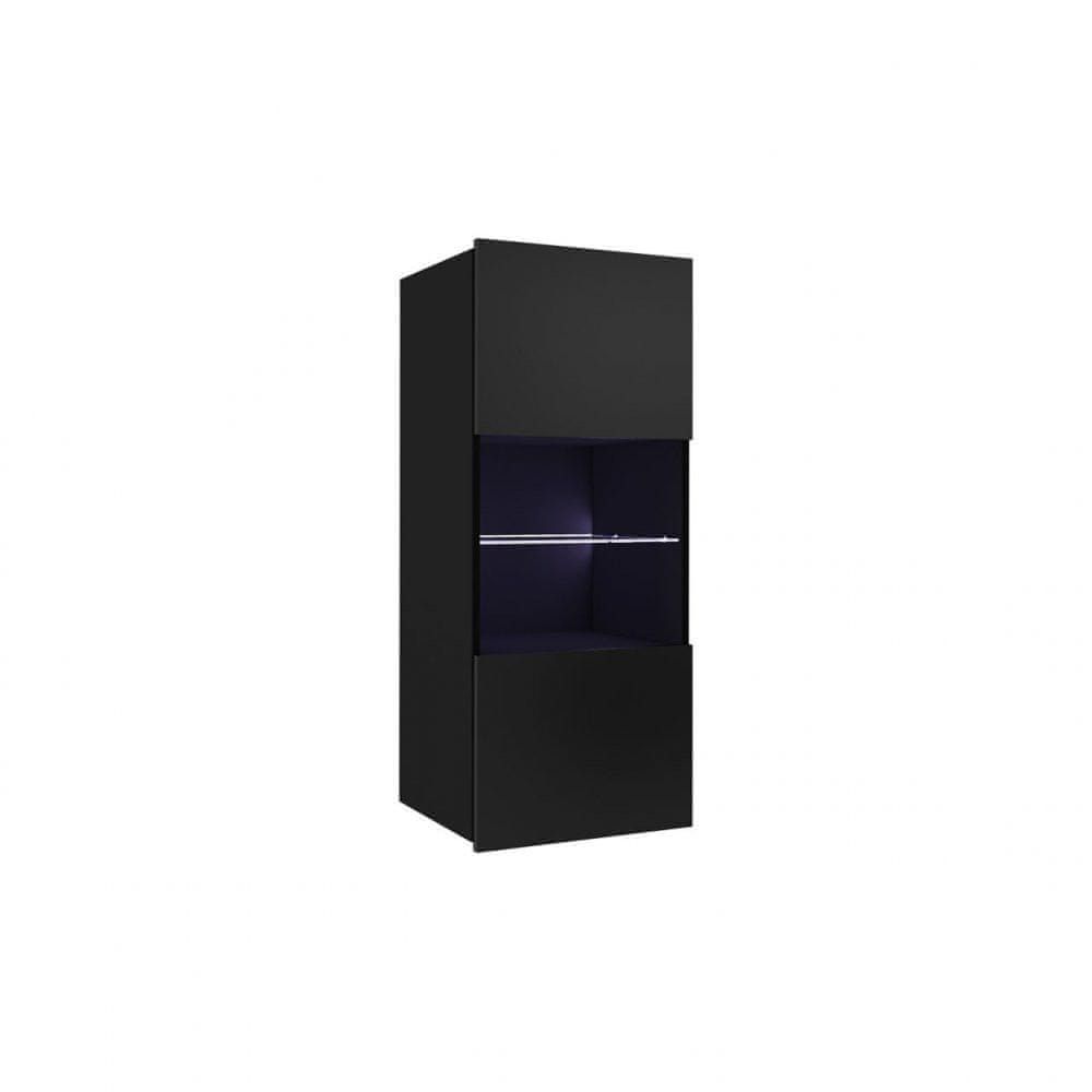 Veneti Presklená závesná vitrína s LED modrým osvetlením CHEMUNG - čierna / lesklá čierna