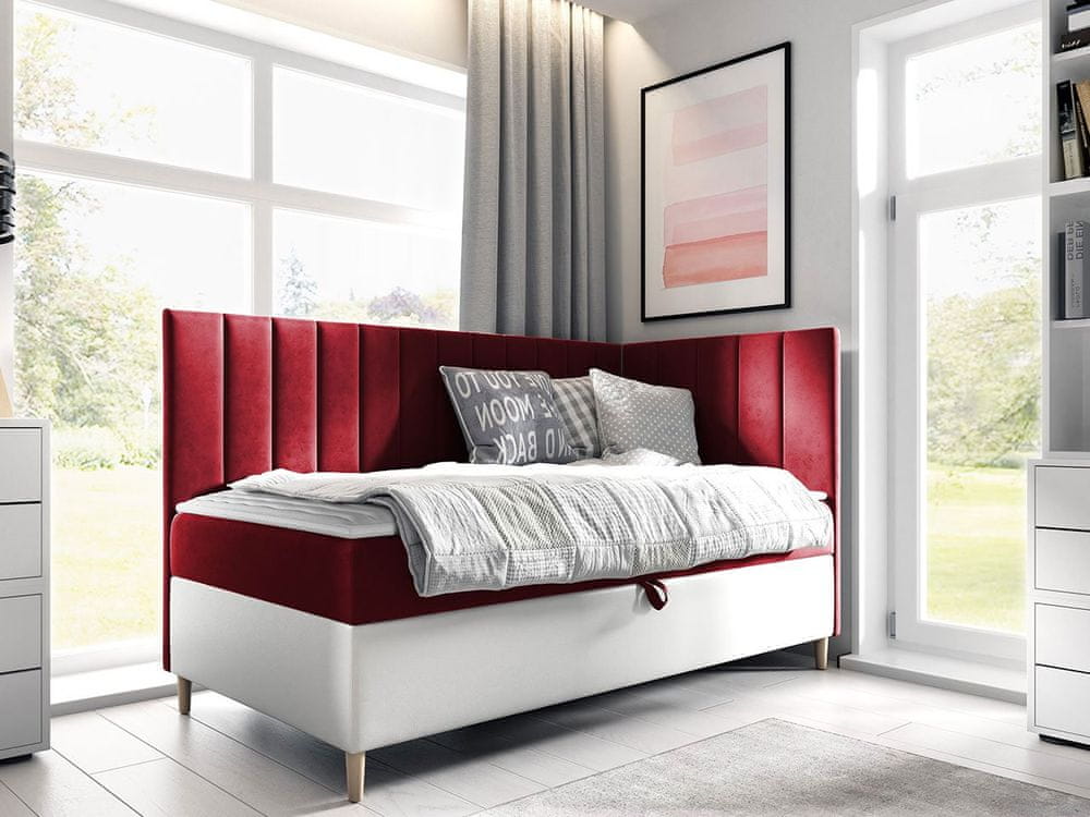Veneti Boxspringová jednolôžková posteľ 90x200 ROCIO 3 - biela ekokoža / červená, pravé prevedenie + topper ZDARMA