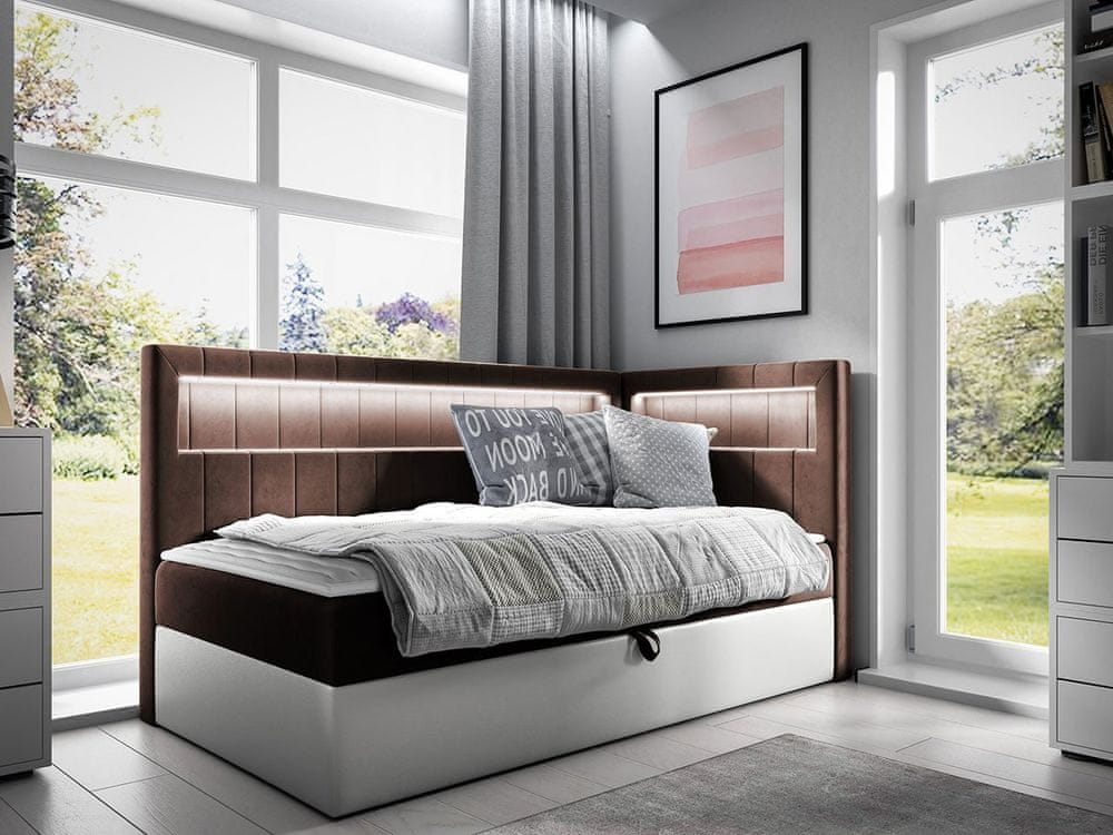 Veneti Kontinentálna jednolôžková posteľ 90x200 RAMIRA 3 - biela ekokoža / hnedá 1, pravé prevedenie + topper ZDARMA