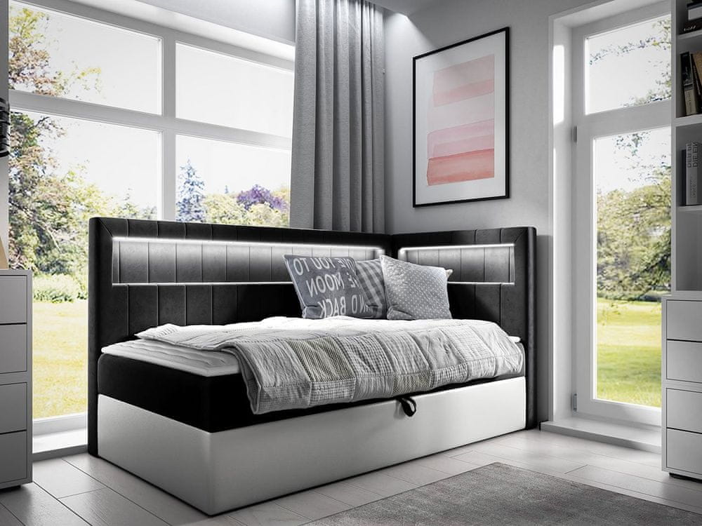 Veneti Kontinentálna jednolôžková posteľ 80x200 RAMIRA 3 - biela ekokoža / čierna, pravé prevedenie + topper ZDARMA