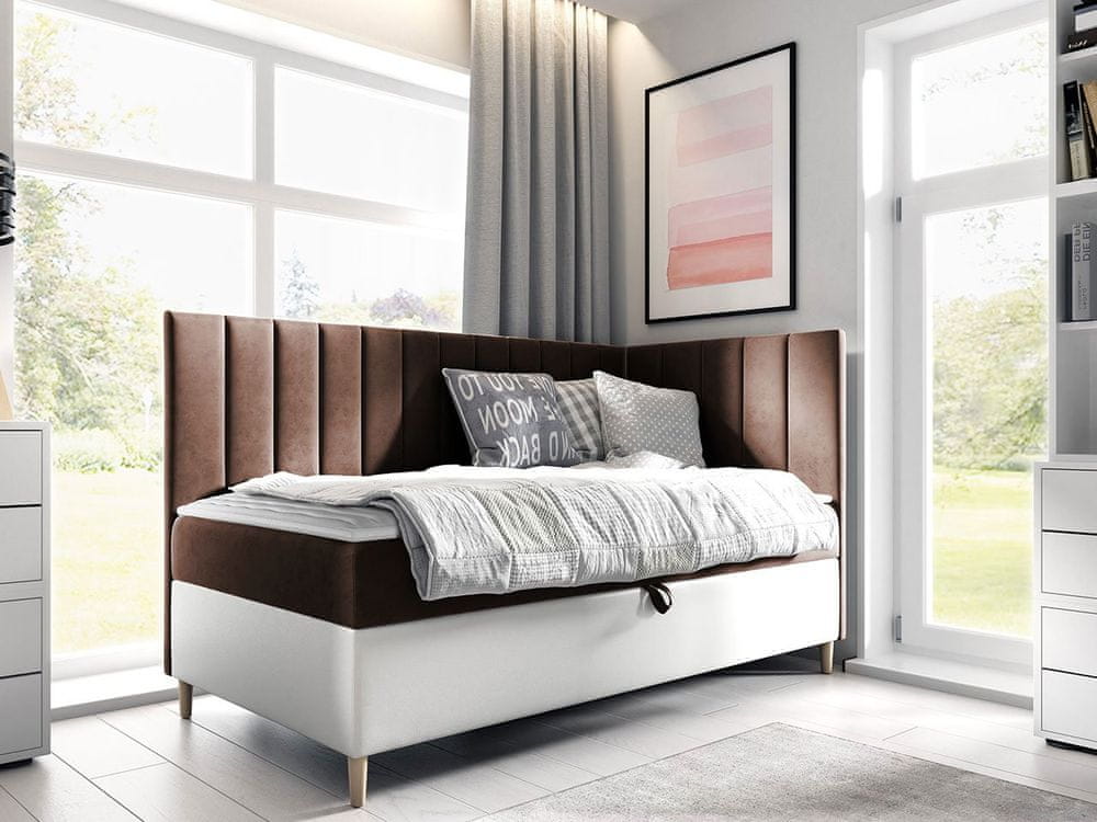 Veneti Boxspringová jednolôžková posteľ 100x200 ROCIO 3 - biela ekokoža / hnedá 1, pravé prevedenie + topper ZDARMA