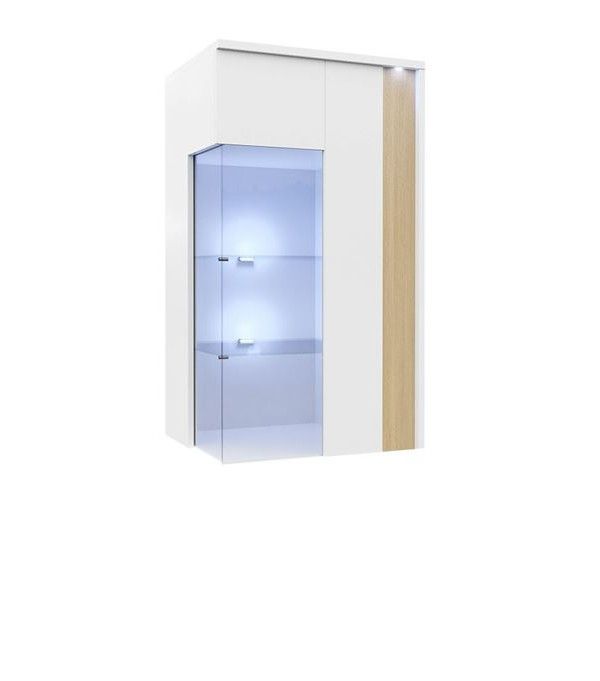 Veneti Závesná vitrína s LED osvetlením BANTRY 3 - biela / lesklá biela / prírodná dyha, pravá