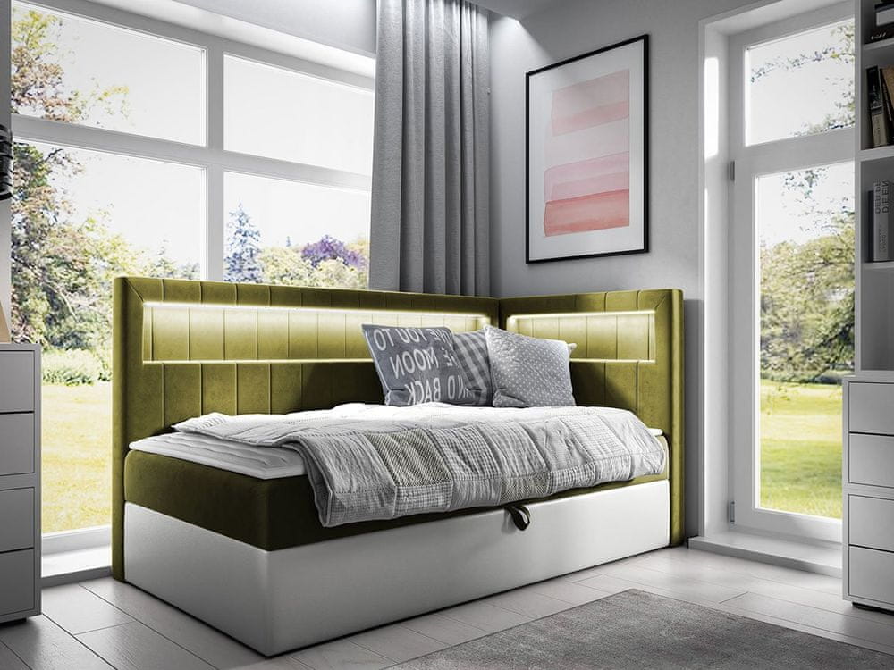 Veneti Kontinentálna jednolôžková posteľ 90x200 RAMIRA 3 - biela ekokoža / khaki, pravé prevedenie + topper ZDARMA