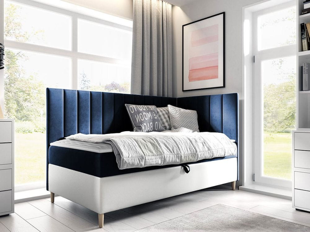 Veneti Boxspringová jednolôžková posteľ 100x200 ROCIO 3 - biela ekokoža / modrá 1, pravé prevedenie + topper ZDARMA