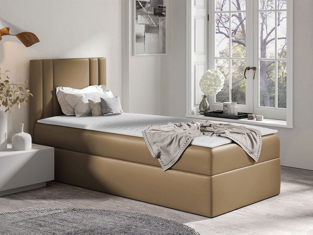 Veneti Americká jednolôžková posteľ 90x200 VITORIA MINI - hnedá ekokoža, pravé prevedenie + topper ZDARMA