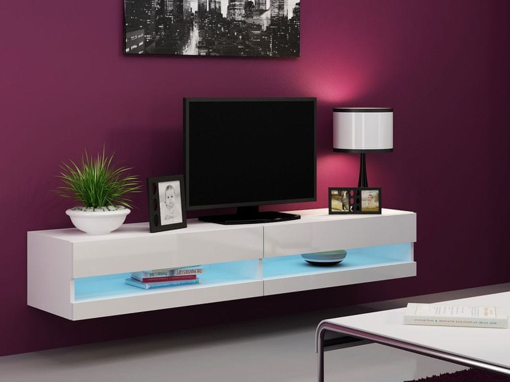 Veneti TV stolík s LED modrým osvetlením 180 cm ASHTON 1 - biely / lesklý biely