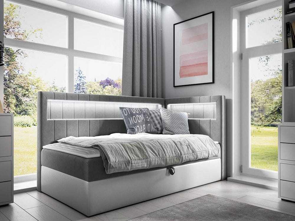 Veneti Kontinentálna jednolôžková posteľ 100x200 RAMIRA 3 - biela ekokoža / šedá, pravé prevedenie + topper ZDARMA