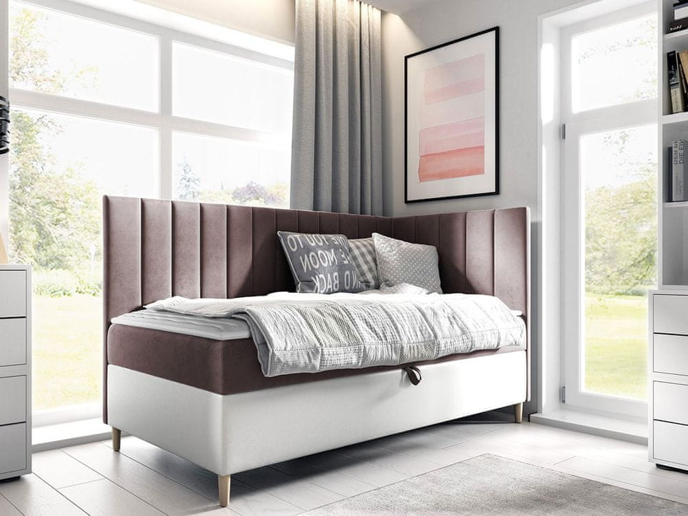 Veneti Boxspringová jednolôžková posteľ 80x200 ROCIO 3 - biela ekokoža / hnedá 2, pravé prevedenie + topper ZDARMA