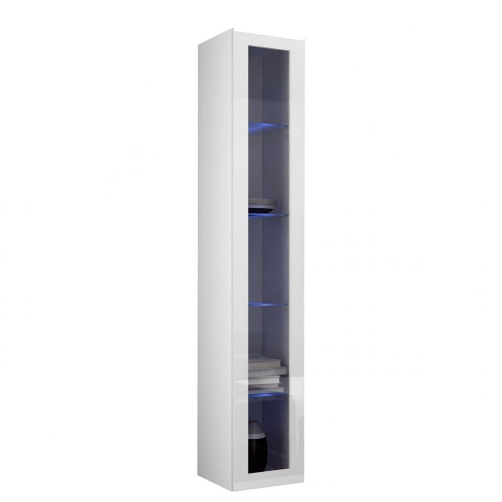 Veneti Vysoká vitrína s LED modrým osvetlením ASHTON - biela / lesklá biela