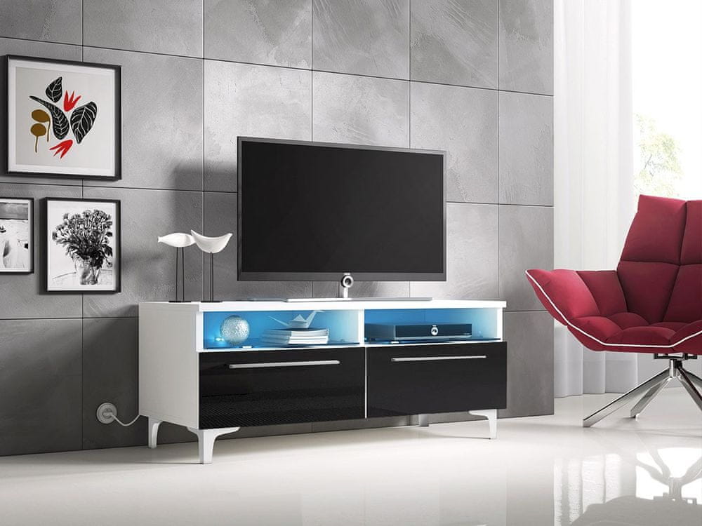 Veneti Televízny stolík na nožičkách s LED osvetlením FERNS 6 - biely / lesklý čierny