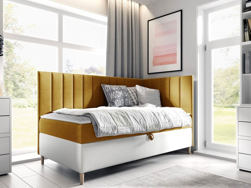 Veneti Boxspringová jednolôžková posteľ 100x200 ROCIO 3 - biela ekokoža / žltá, pravé prevedenie + topper ZDARMA