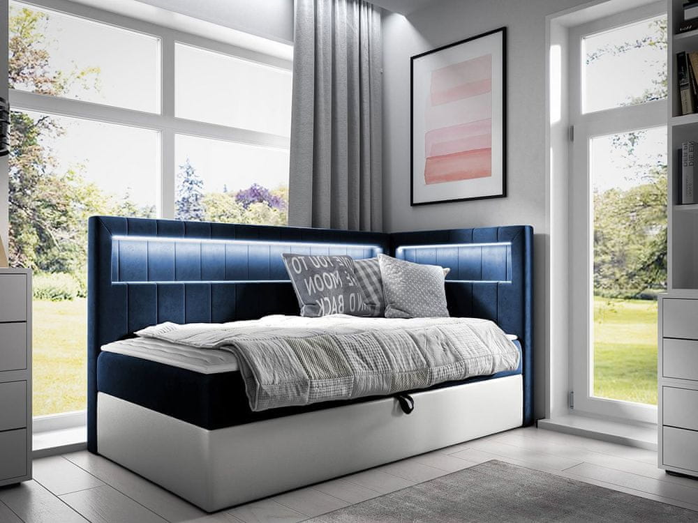 Veneti Kontinentálna jednolôžková posteľ 90x200 RAMIRA 3 - biela ekokoža / modrá 1, pravé prevedenie + topper ZDARMA