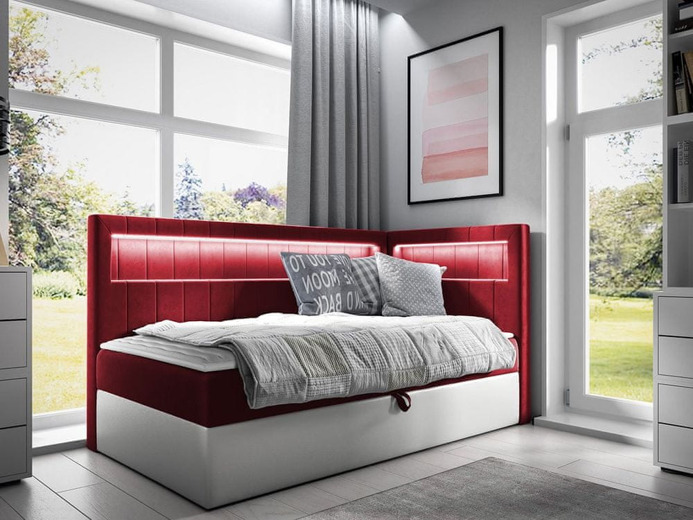 Veneti Kontinentálna jednolôžková posteľ 90x200 RAMIRA 3 - biela ekokoža / červená, pravé prevedenie + topper ZDARMA