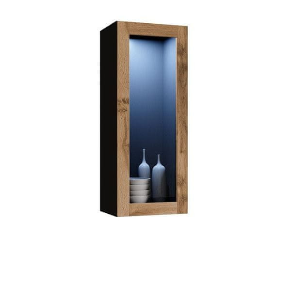 Veneti Závesná vitrína s LED modrým osvetlením ASHTON - čierna / dub wotan