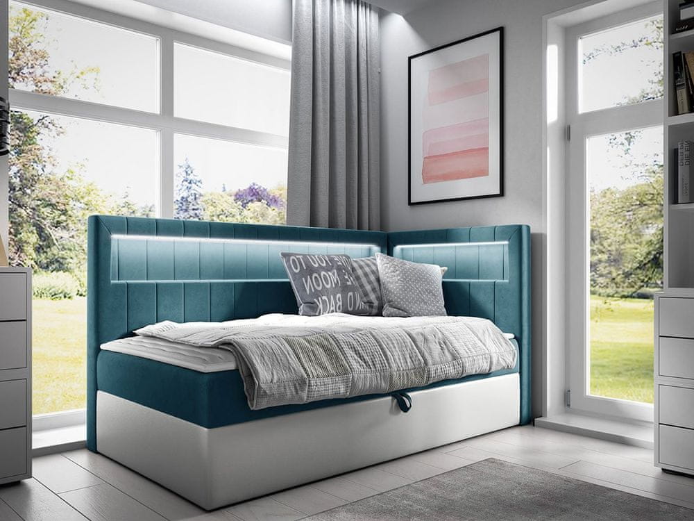 Veneti Kontinentálna jednolôžková posteľ 90x200 RAMIRA 3 - biela ekokoža / modrá 2, pravé prevedenie + topper ZDARMA