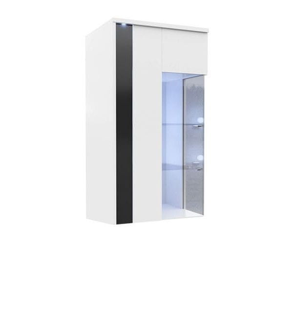 Veneti Závesná vitrína s LED osvetlením BANTRY 3 - biela / lesklá biela / lesklá čierna, ľavá