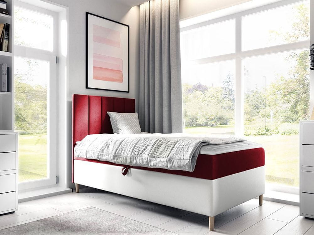 Veneti Hotelová jednolôžková posteľ 90x200 ROCIO 1 - biela ekokoža / červená, pravé prevedenie + topper ZDARMA