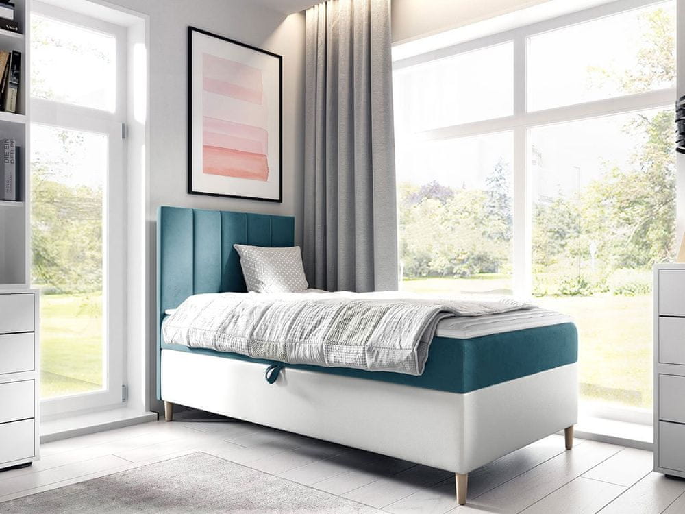 Veneti Hotelová jednolôžková posteľ 100x200 ROCIO 1 - biela ekokoža / modrá 2, pravé prevedenie + topper ZDARMA