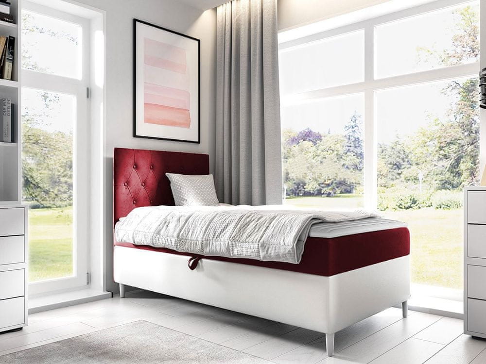 Veneti Boxspringová jednolôžková posteľ 80x200 PORFIRO 1 - biela ekokoža / červená, pravé prevedenie + topper ZDARMA