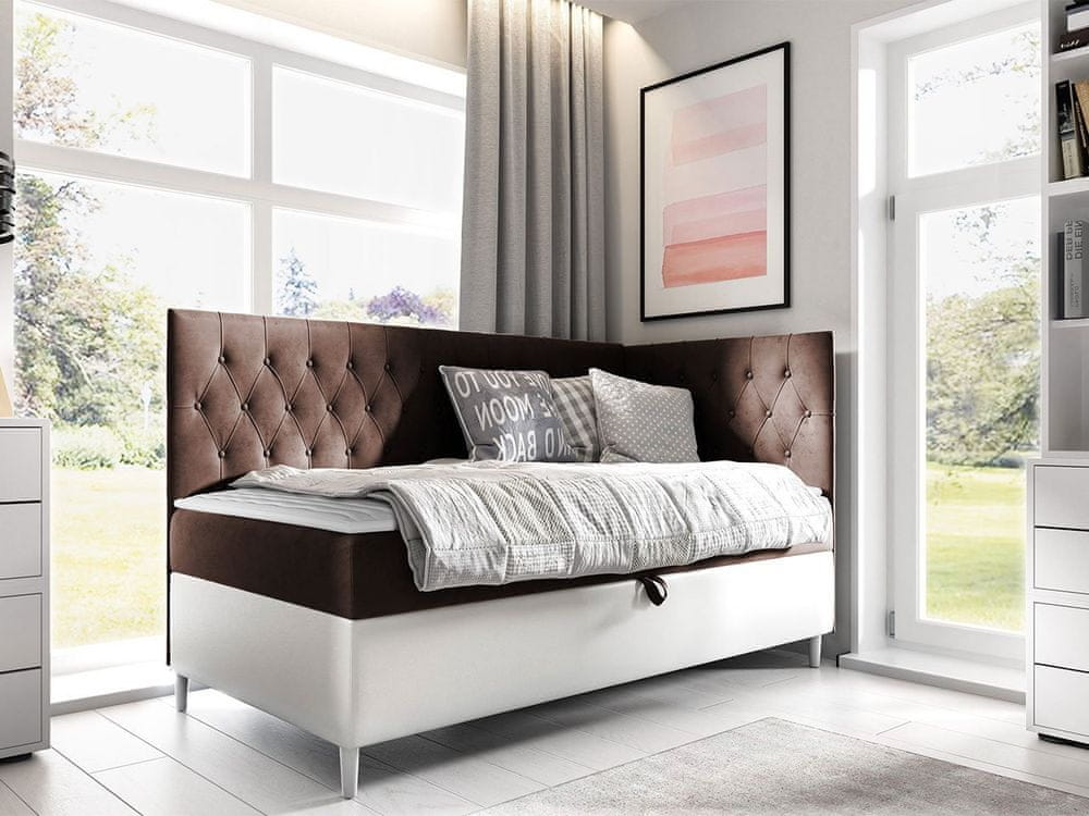 Veneti Boxspringová jednolôžková posteľ 100x200 PORFIRO 3 - biela ekokoža / hnedá 1, pravé prevedenie + topper ZDARMA