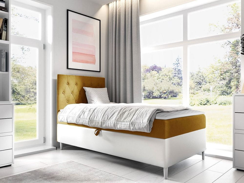 Veneti Boxspringová jednolôžková posteľ 100x200 PORFIRO 1 - biela ekokoža / žltá, pravé prevedenie + topper ZDARMA