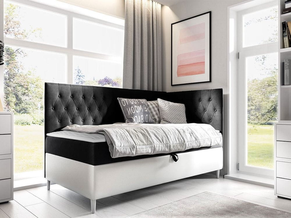 Veneti Boxspringová jednolôžková posteľ 80x200 PORFIRO 3 - biela ekokoža / čierna, pravé prevedenie + topper ZDARMA