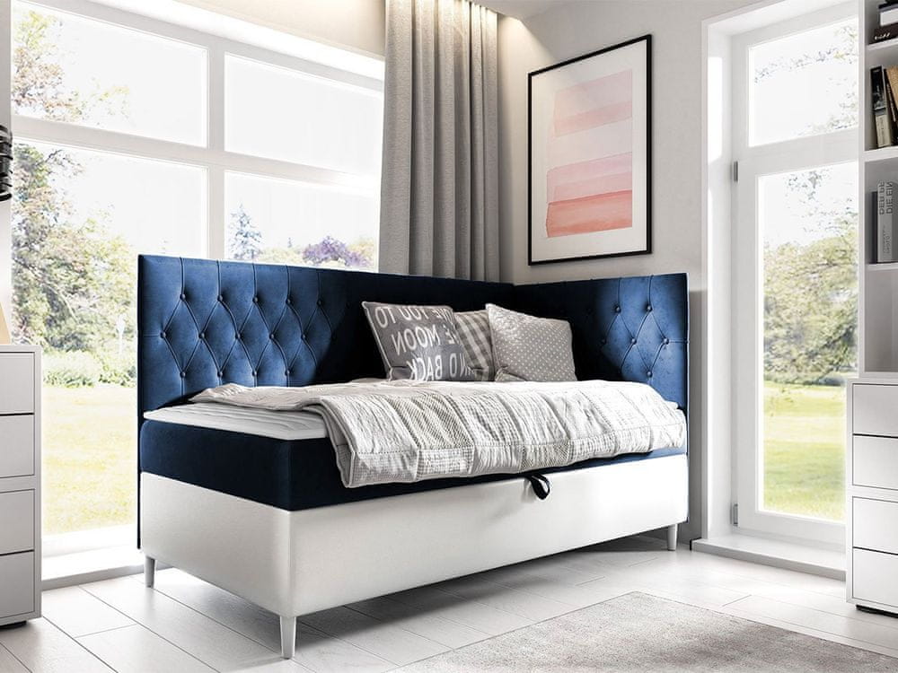 Veneti Boxspringová jednolôžková posteľ 100x200 PORFIRO 3 - biela ekokoža / modrá 1, pravé prevedenie + topper ZDARMA