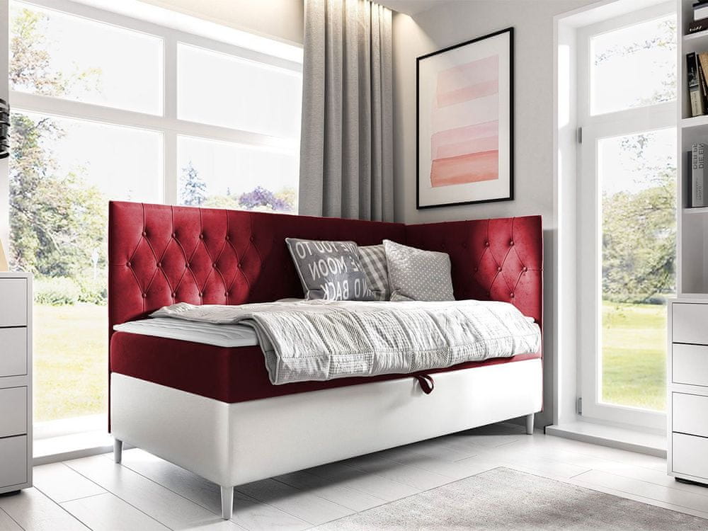 Veneti Boxspringová jednolôžková posteľ 100x200 PORFIRO 3 - biela ekokoža / červená, pravé prevedenie + topper ZDARMA