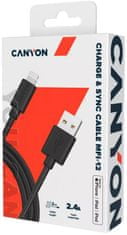 Canyon nabíjací kábel Lightning MFI-12, 26MB/s, 5V/2.4A, Apple certifikát, dĺžka 2m, biela