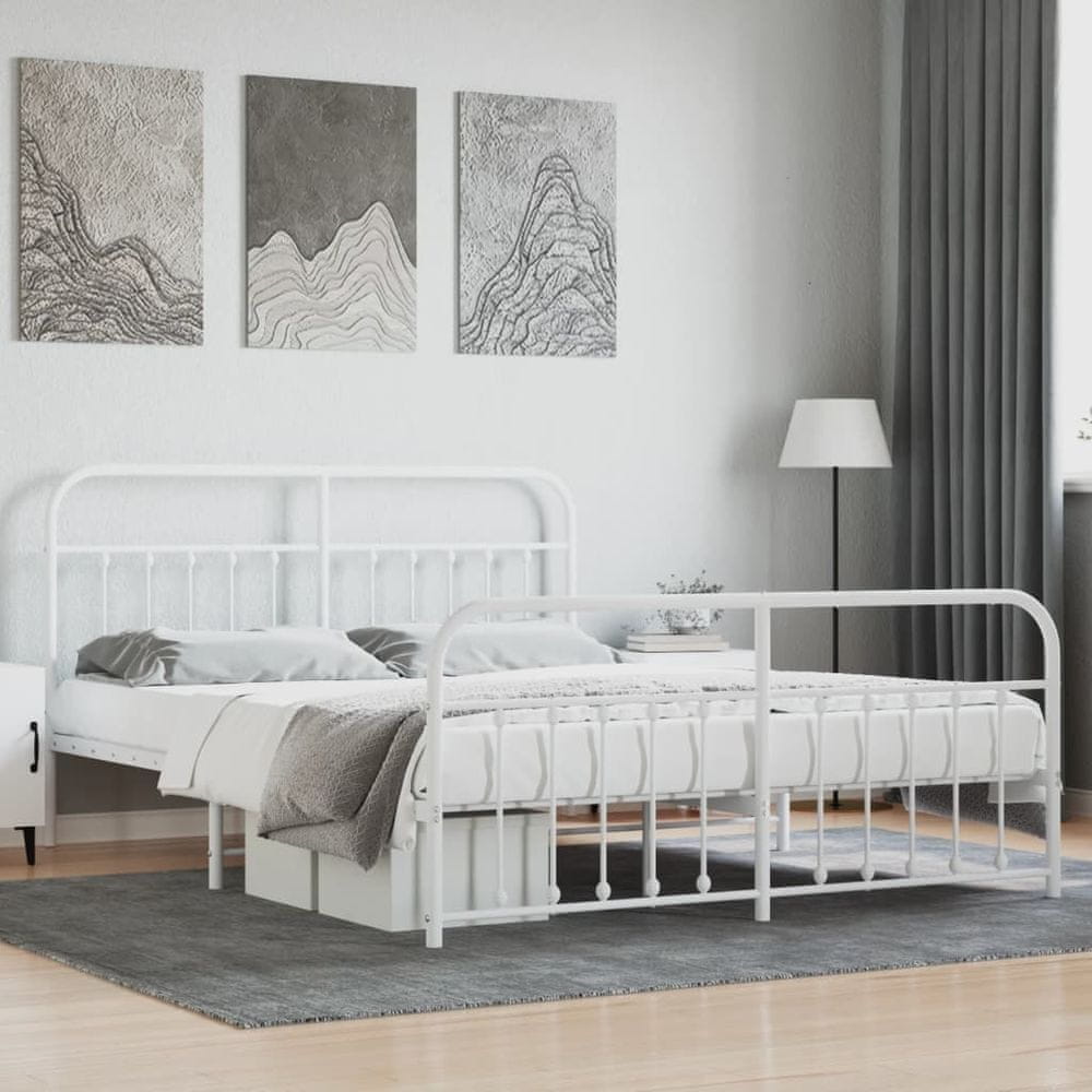 Vidaxl Kovový rám postele s čelom a podnožkou biely 180x200 cm