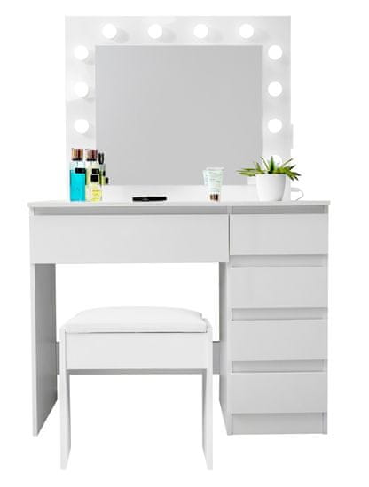Aga Toaletný stolík so zrkadlom, osvetlením a el.zástrčkou + stolička Lesklý biely