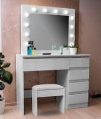 Aga Toaletný stolík so zrkadlom, osvetlením a el.zásuvkou + taburet Lesklý biely