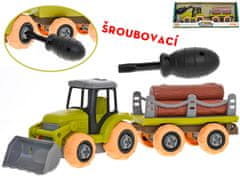 Mikro Trading Traktor 28 cm so skrutkou s voľným chodom, prívesom a polenami v krabici