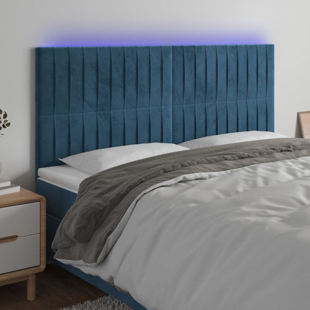 Vidaxl Čelo postele s LED tmavomodré 180x5x118/128 cm zamat