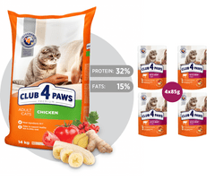 Club4Paws Premium pre mačky s kuracim mäsom 14kg + 1x set Club4Paws s hovadzim mäsom 340g